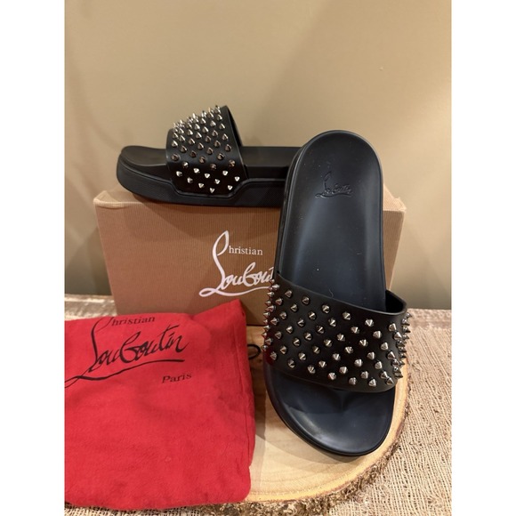 Christian Louboutin Men's Black Spikes Slides Pool Fun Flat Sz-8 Worn 2X - Picture 1 of 11